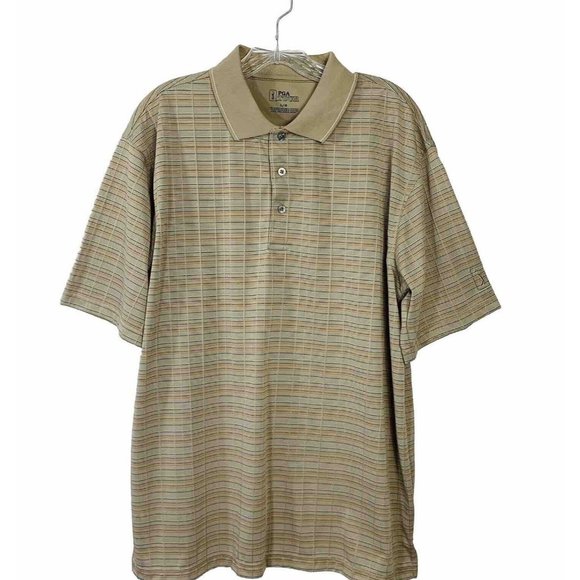 PGA Tour Mens Beige Striped Golf Polo Shirt Size L Short Sleeve Activewear Trip - Picture 3 of 11